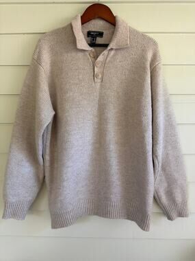 Heather Oatmeal Wool Blend Henley Pullover Sweater XL Coastal Minimalist Knit